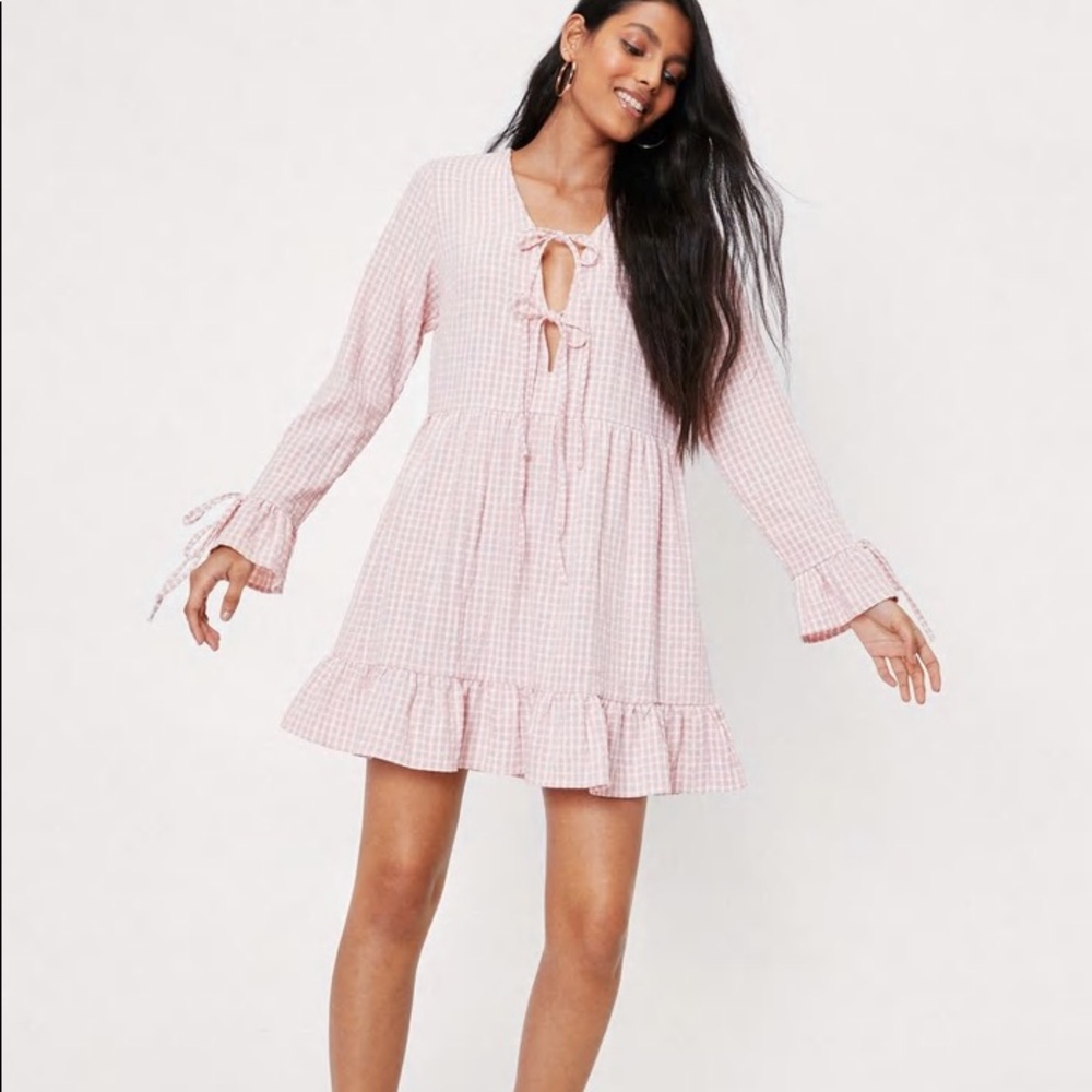 Pink Long Sleeve Tie Front Mini Dress